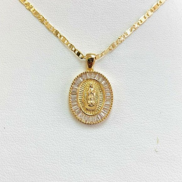 Virgen de Guadalupe Pendant Necklace CZ Stones for Womens Mens 22x17mm in Gold F - Picture 3 of 7